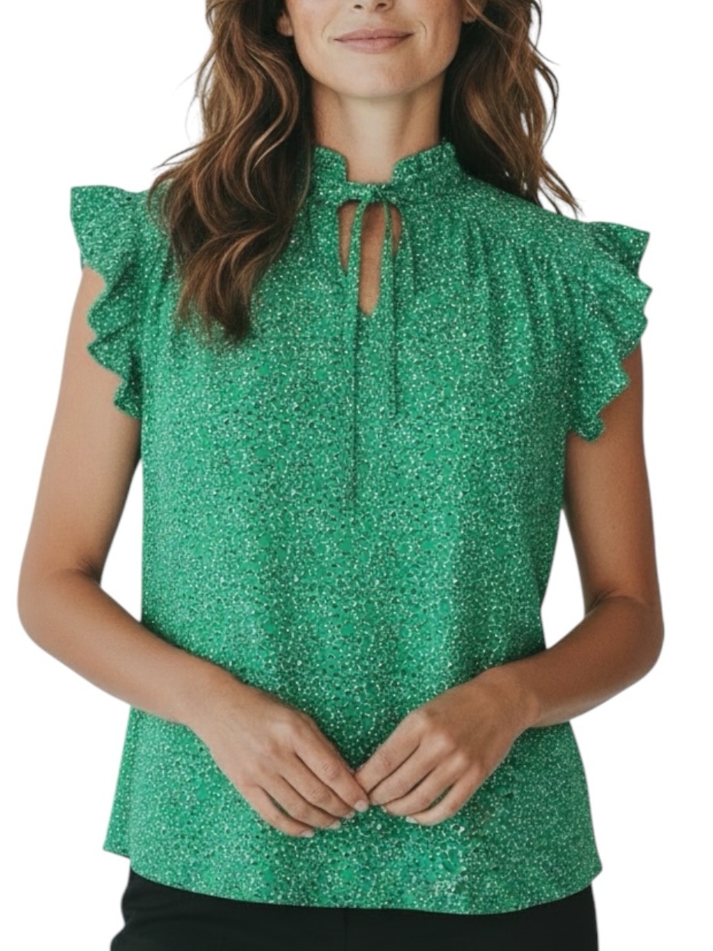 NWT ADRIANNA PAPELL Green Printed Flutter Sleeve Tie Neck Blouse Size X-Large